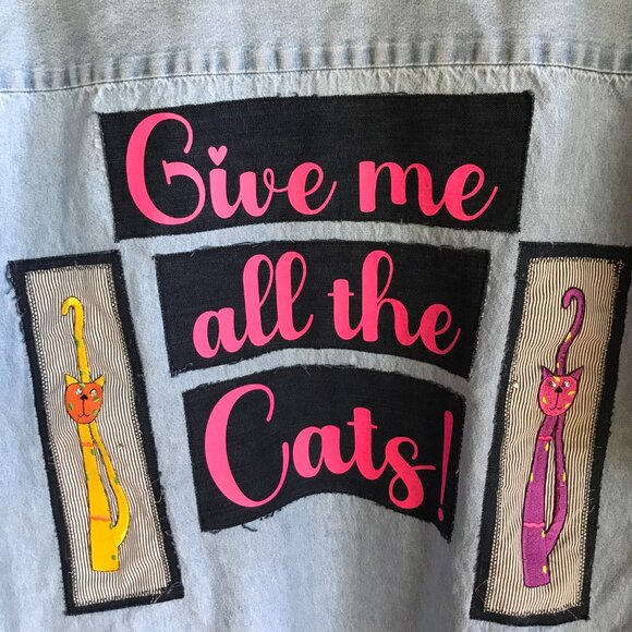 Upcycled Denim Cat Shirt (Size L): Kitty Graphics, Patchwork Festival Jacket - Picture 6 of 9